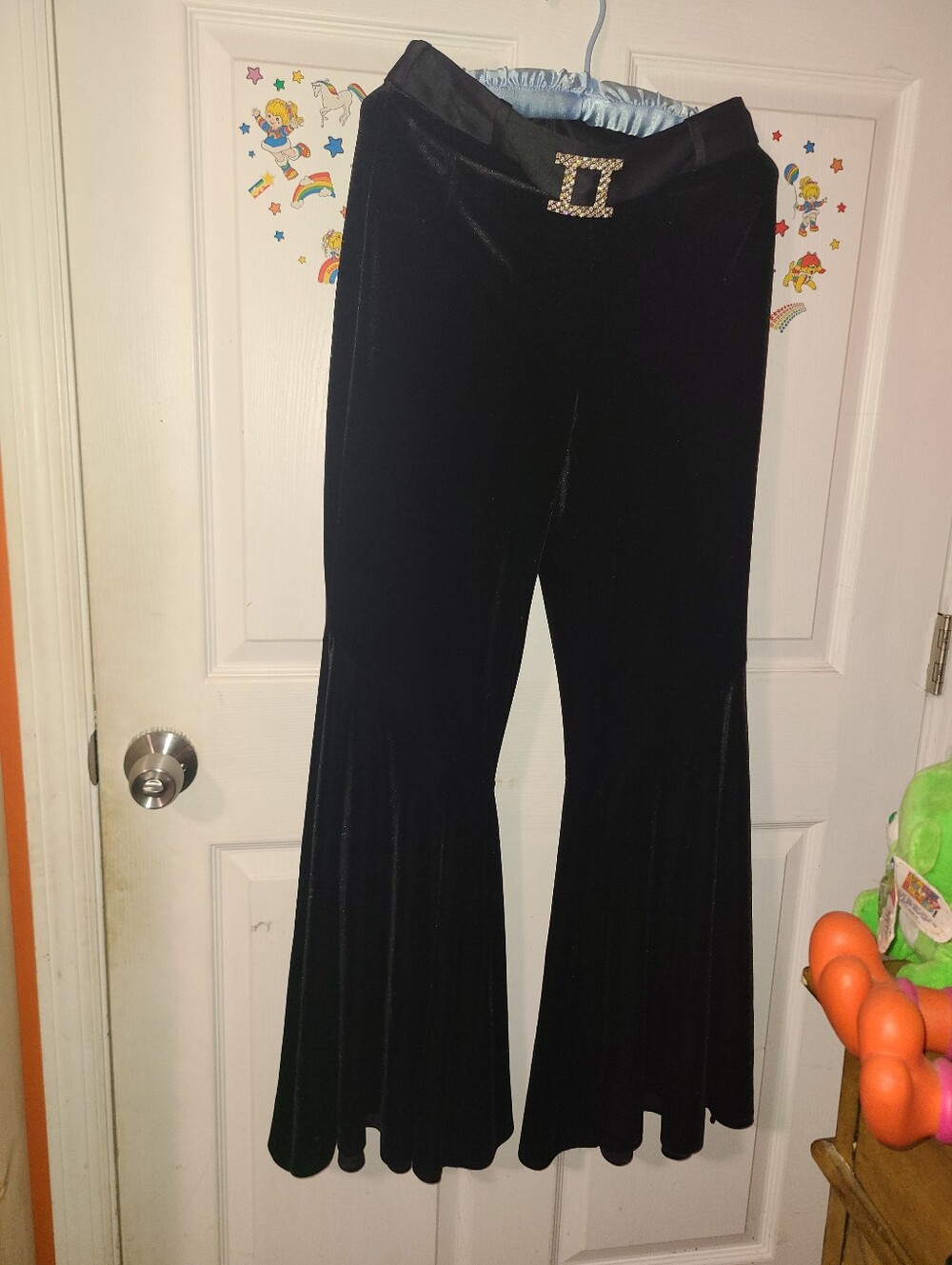 Vintage Wide Leg Black Velvet Pants/ Rhinestone Belt
